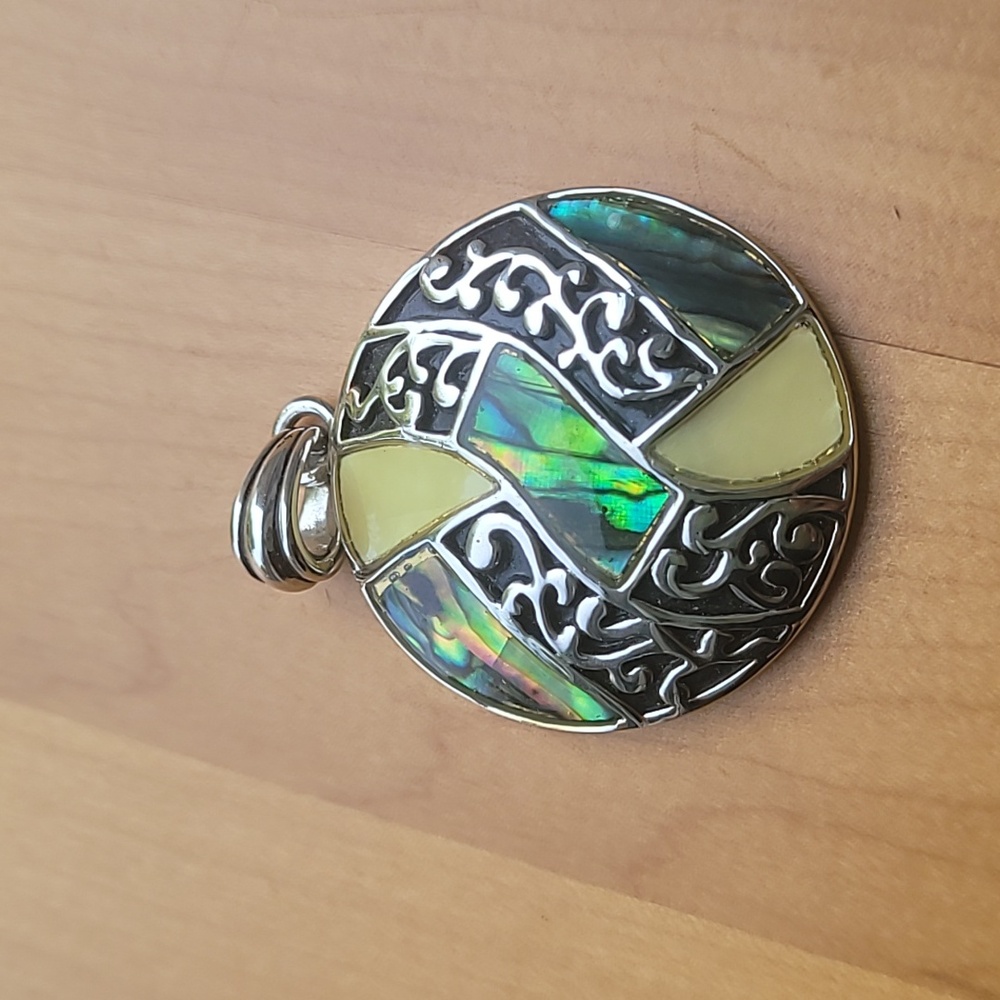 Lia Sophia Round Faux Abalone Inlay Pendant Silver